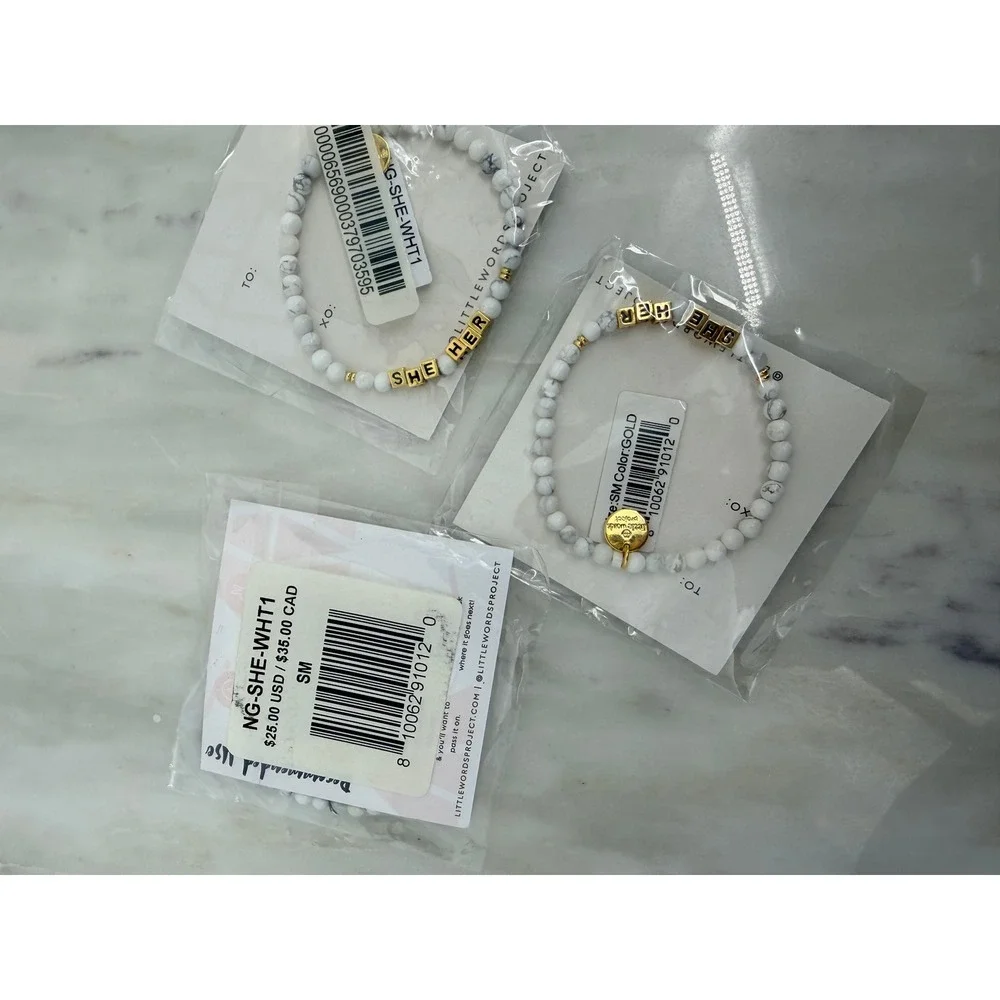 3 Little Words Project She Her Pronoun Bracelet White Howlite Gold